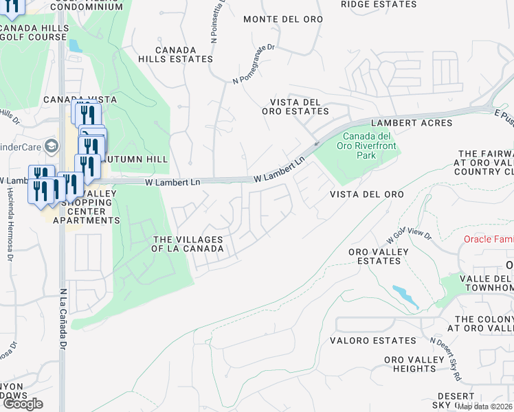 map of restaurants, bars, coffee shops, grocery stores, and more near 10317 North Mineral Spring Lane in Oro Valley