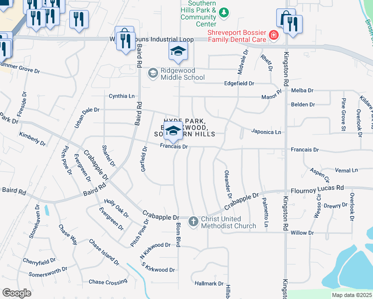 map of restaurants, bars, coffee shops, grocery stores, and more near 1225 Francais Drive in Shreveport