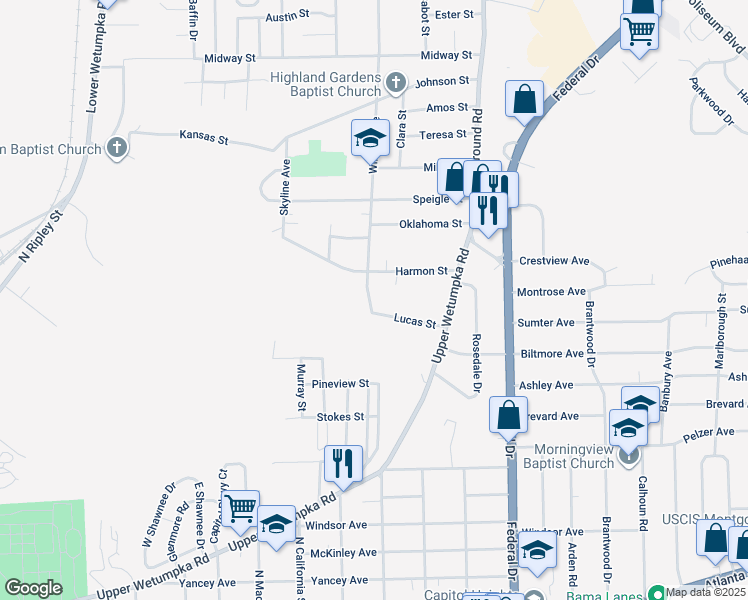 map of restaurants, bars, coffee shops, grocery stores, and more near 2414 Willena Avenue in Montgomery