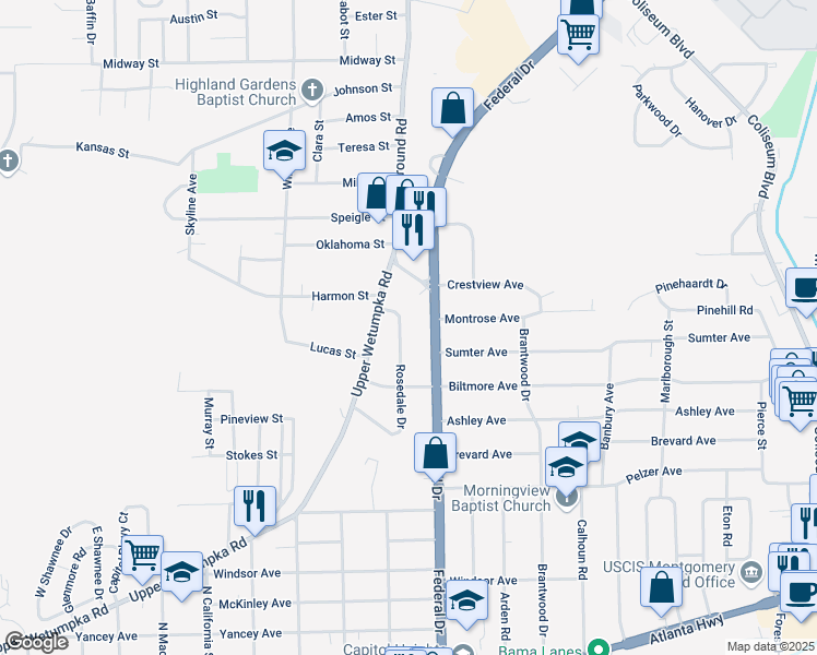 map of restaurants, bars, coffee shops, grocery stores, and more near 1150 Rosedale Drive in Montgomery
