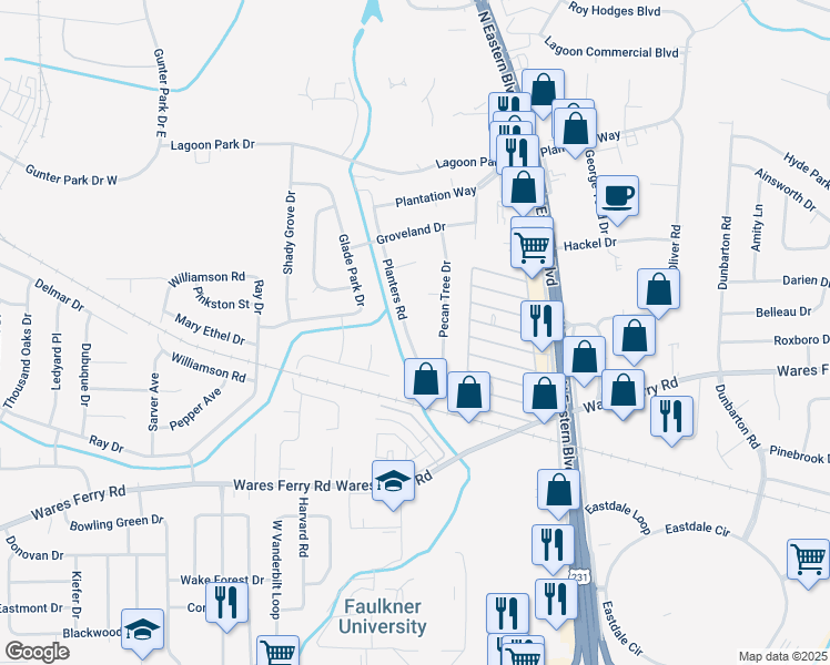 map of restaurants, bars, coffee shops, grocery stores, and more near 436 Planters Road in Montgomery