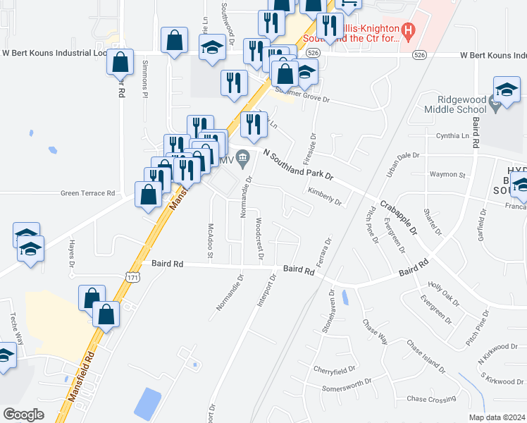 map of restaurants, bars, coffee shops, grocery stores, and more near 9407 Woodcrest Drive in Shreveport