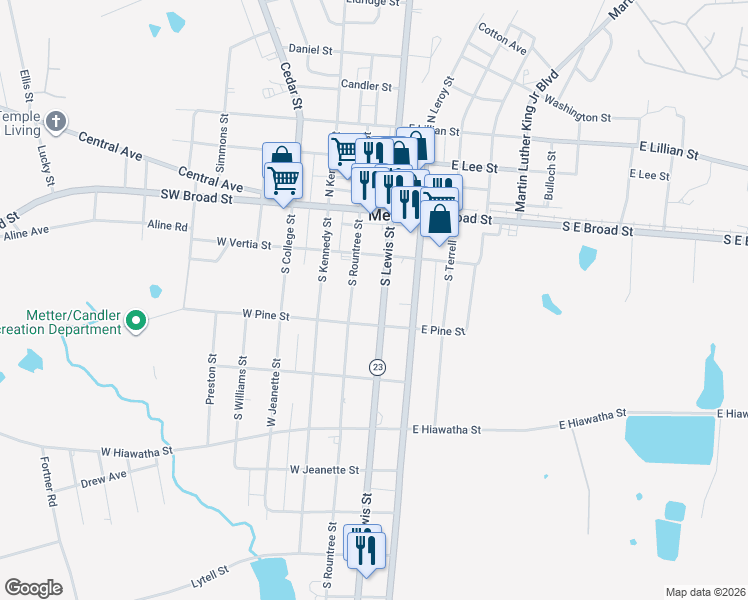 map of restaurants, bars, coffee shops, grocery stores, and more near 270 S Lewis St in Metter