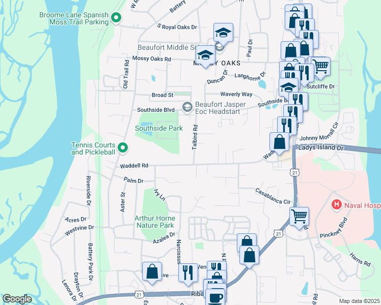 map of restaurants, bars, coffee shops, grocery stores, and more near 1302 State Road S-7-504 in Beaufort