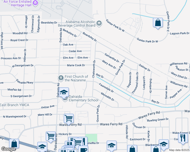 map of restaurants, bars, coffee shops, grocery stores, and more near 570 Chatsworth Drive in Montgomery