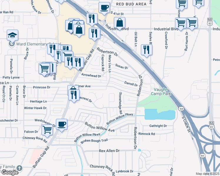 map of restaurants, bars, coffee shops, grocery stores, and more near 2849 Gilmer Avenue in Abilene