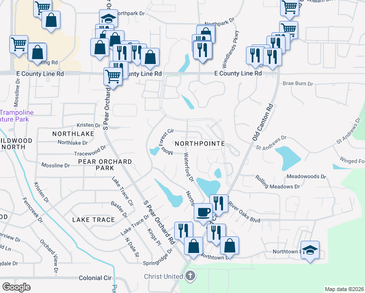 map of restaurants, bars, coffee shops, grocery stores, and more near 10 Moss Forest Pl in Jackson
