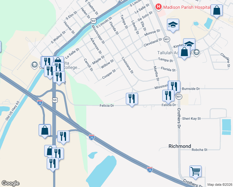 map of restaurants, bars, coffee shops, grocery stores, and more near 322 Mc Clure Street in Tallulah