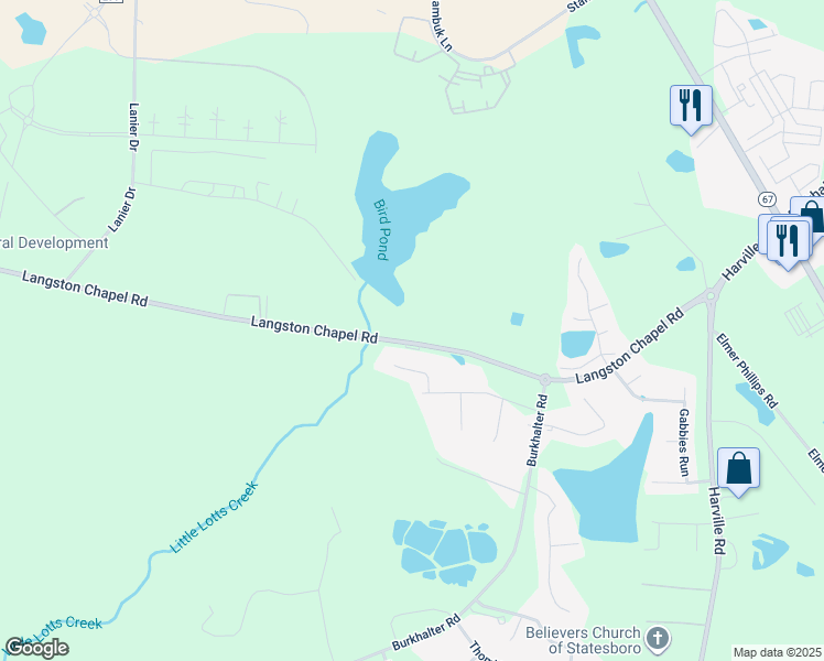 map of restaurants, bars, coffee shops, grocery stores, and more near 359 Langston Chapel Road in Statesboro