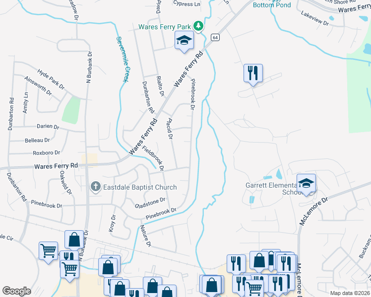 map of restaurants, bars, coffee shops, grocery stores, and more near 6427 Pinebrook Drive in Montgomery