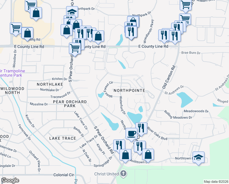 map of restaurants, bars, coffee shops, grocery stores, and more near 10 Moss Forest Place in Jackson