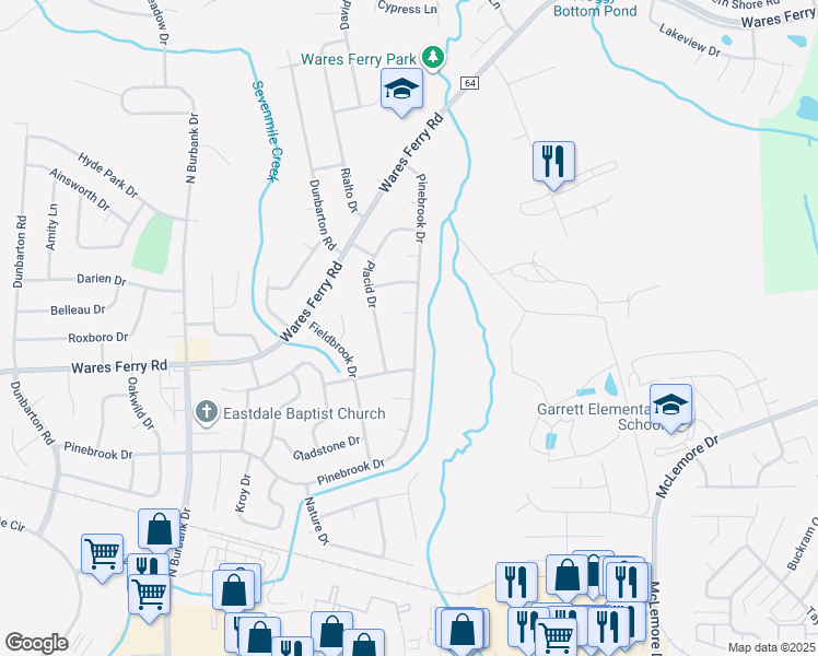 map of restaurants, bars, coffee shops, grocery stores, and more near 6427 Pinebrook Drive in Montgomery