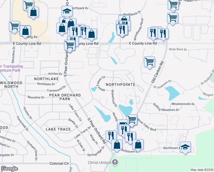 map of restaurants, bars, coffee shops, grocery stores, and more near 10 Moss Forest Place in Jackson