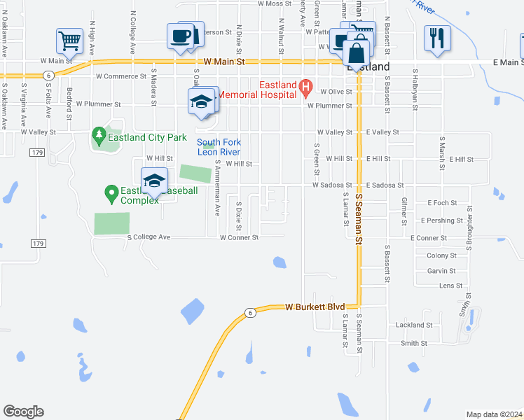map of restaurants, bars, coffee shops, grocery stores, and more near 707 South Connellee Avenue in Eastland