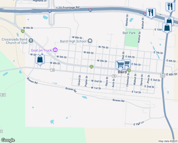 map of restaurants, bars, coffee shops, grocery stores, and more near 600 West 3rd Street in Baird