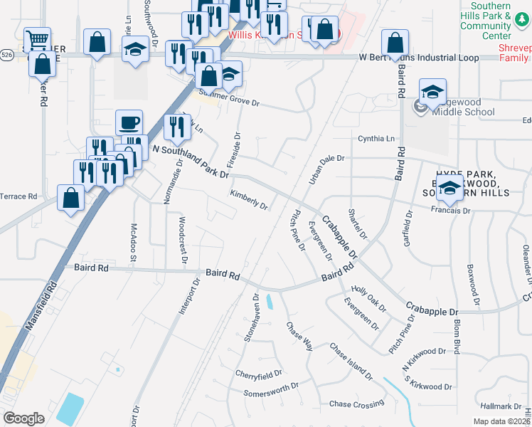 map of restaurants, bars, coffee shops, grocery stores, and more near 1125 Kimberly Drive in Shreveport