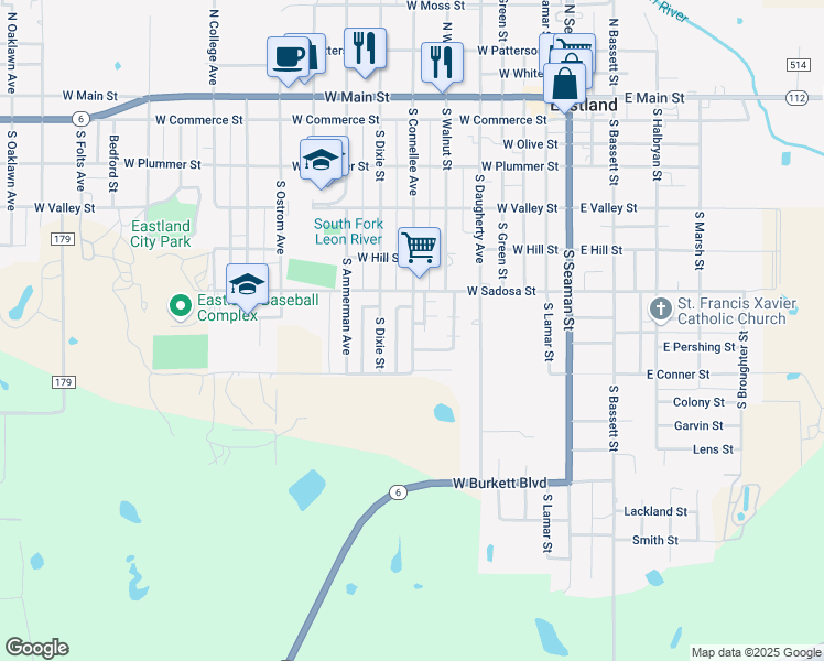 map of restaurants, bars, coffee shops, grocery stores, and more near 707 South Connellee Avenue in Eastland