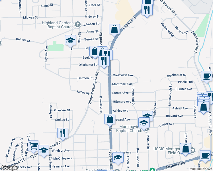 map of restaurants, bars, coffee shops, grocery stores, and more near 1229 Federal Drive in Montgomery