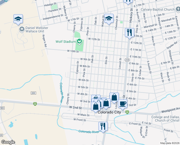 map of restaurants, bars, coffee shops, grocery stores, and more near 100-198 West 7th Street in Colorado City