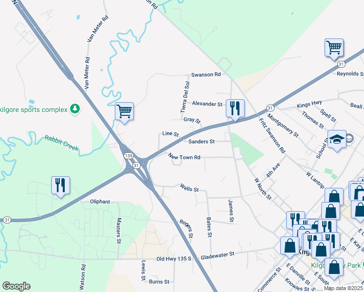 map of restaurants, bars, coffee shops, grocery stores, and more near 800 Sanders Street in Kilgore
