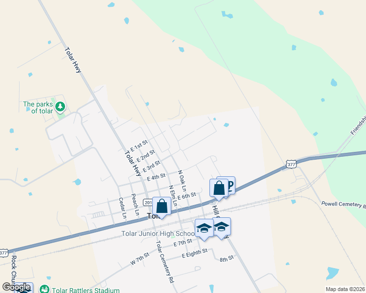 map of restaurants, bars, coffee shops, grocery stores, and more near 411 Mimosa Lane in Tolar