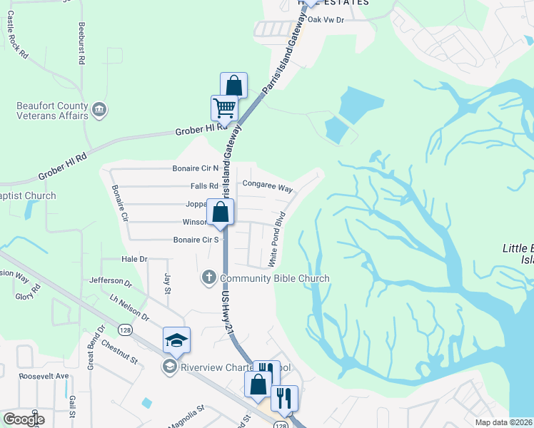 map of restaurants, bars, coffee shops, grocery stores, and more near 19 Caswell Avenue in Beaufort