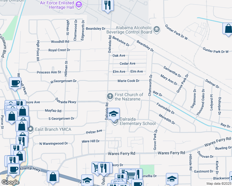 map of restaurants, bars, coffee shops, grocery stores, and more near 3820 Dalraida Place in Montgomery