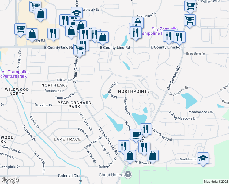 map of restaurants, bars, coffee shops, grocery stores, and more near 40 Moss Forest Circle in Jackson