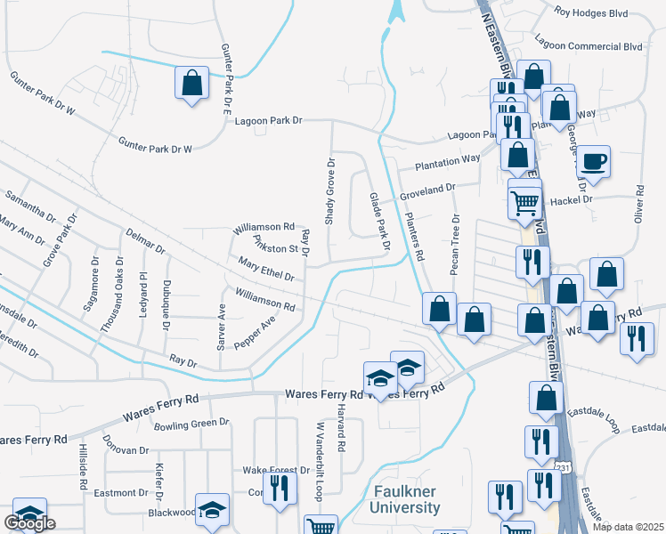 map of restaurants, bars, coffee shops, grocery stores, and more near 408 Glade Park Drive in Montgomery
