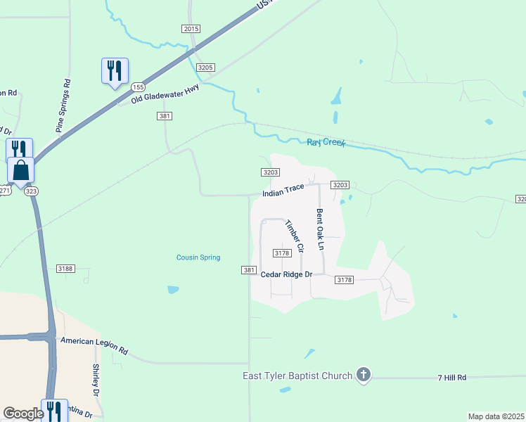 map of restaurants, bars, coffee shops, grocery stores, and more near 7511 Timber Cir in Tyler