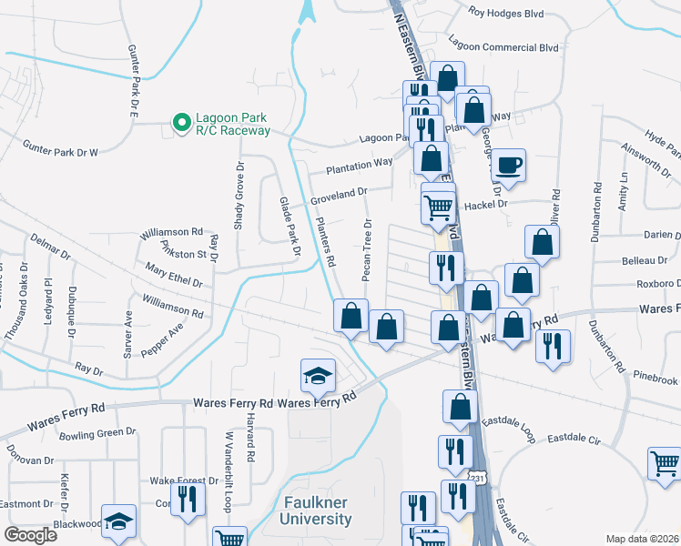 map of restaurants, bars, coffee shops, grocery stores, and more near 436 Planters Road in Montgomery