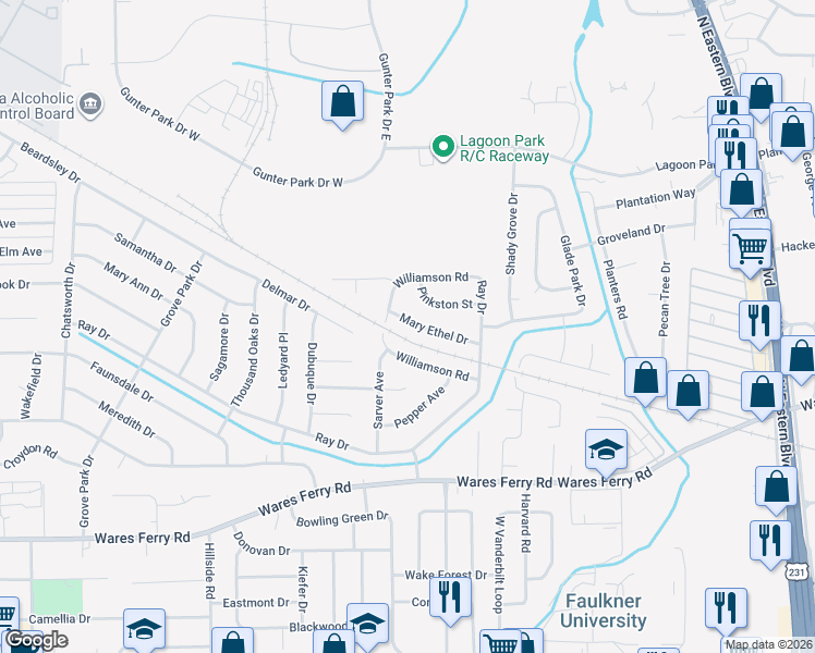 map of restaurants, bars, coffee shops, grocery stores, and more near 753 Mary Ethel Drive in Montgomery