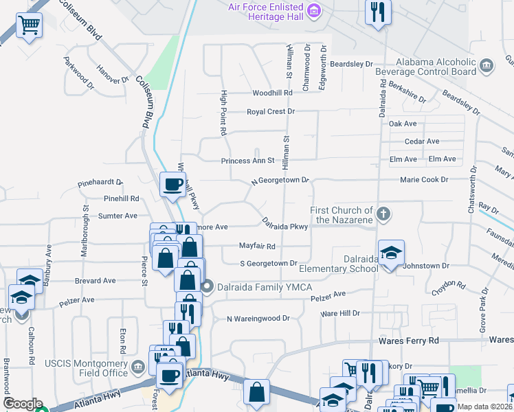 map of restaurants, bars, coffee shops, grocery stores, and more near 3518 Dalraida Parkway in Montgomery