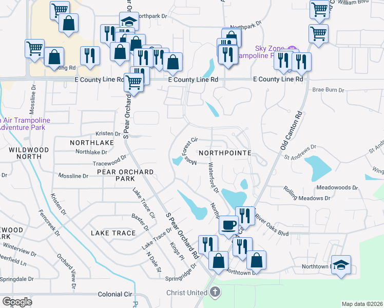 map of restaurants, bars, coffee shops, grocery stores, and more near 40 Moss Forest Circle in Jackson