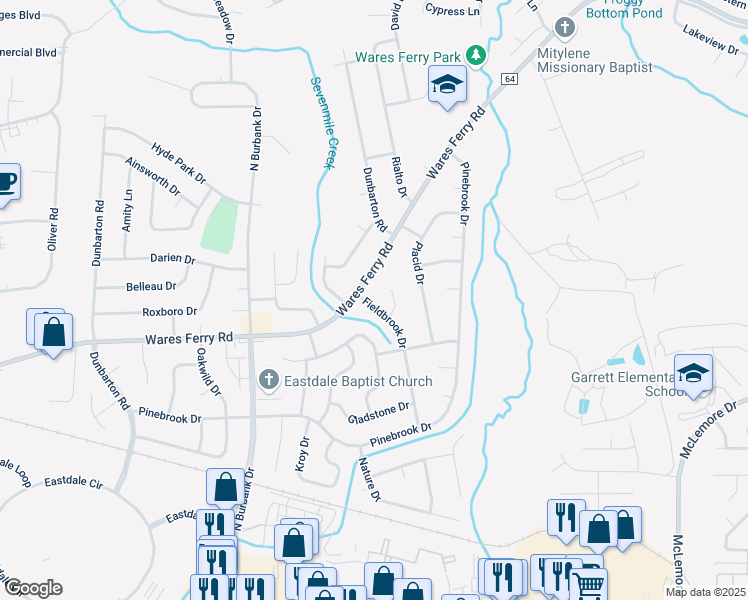 map of restaurants, bars, coffee shops, grocery stores, and more near 552 Fieldbrook Drive in Montgomery