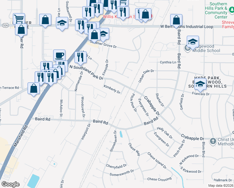 map of restaurants, bars, coffee shops, grocery stores, and more near 1125 Kimberly Drive in Shreveport