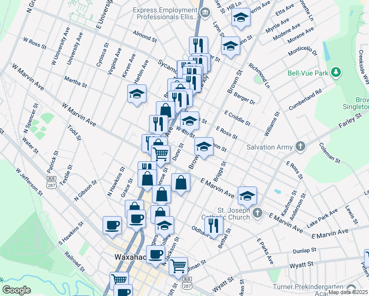 map of restaurants, bars, coffee shops, grocery stores, and more near 112 Dunn Street in Waxahachie