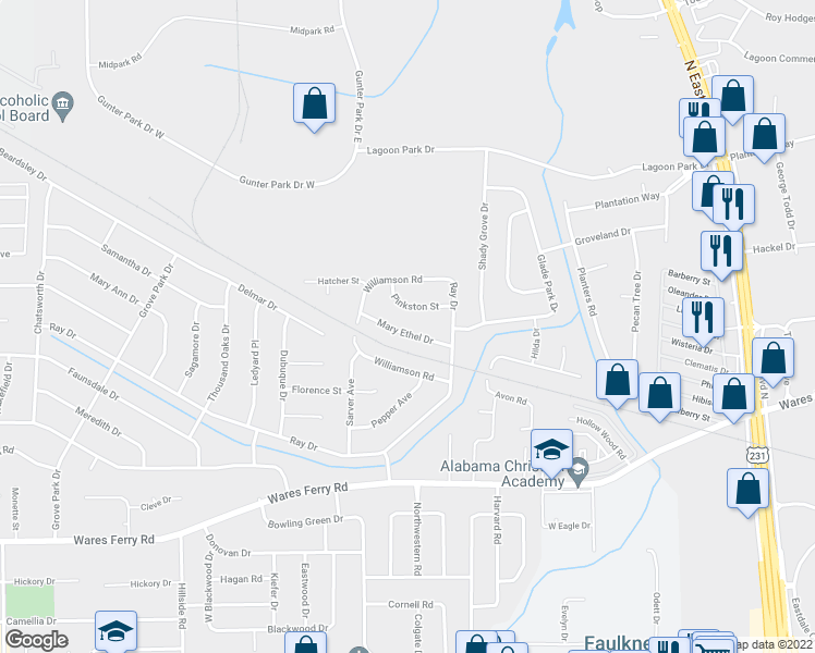 map of restaurants, bars, coffee shops, grocery stores, and more near 732 Mary Ethel Drive in Montgomery