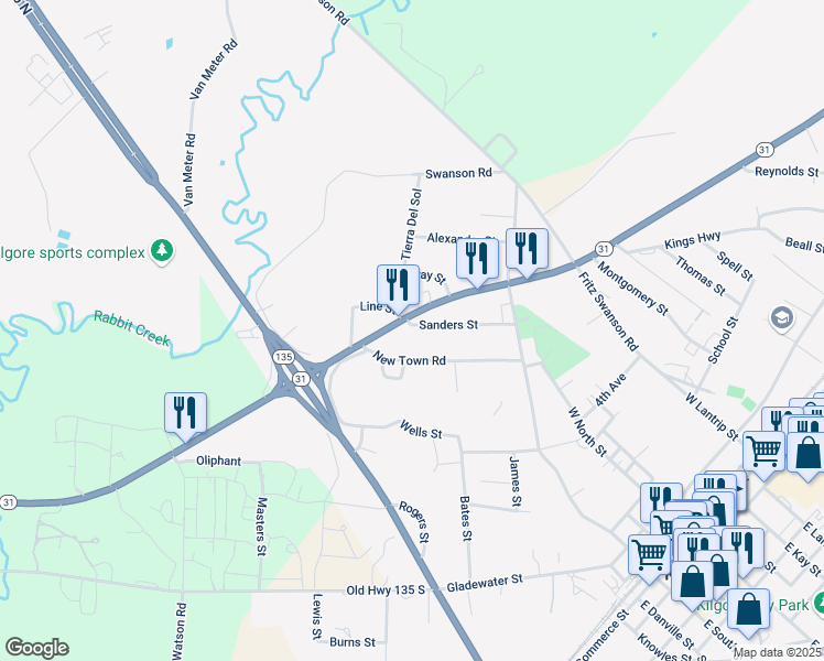 map of restaurants, bars, coffee shops, grocery stores, and more near 800 Sanders Street in Kilgore