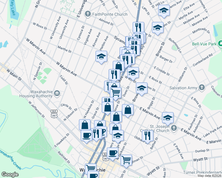 map of restaurants, bars, coffee shops, grocery stores, and more near 701 Ferris Avenue in Waxahachie