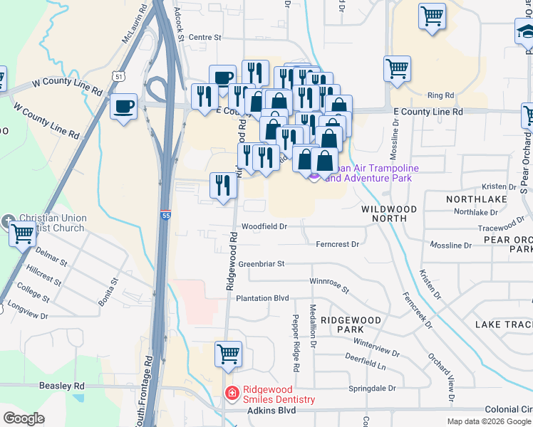 map of restaurants, bars, coffee shops, grocery stores, and more near 901 Jamestown Way in Jackson