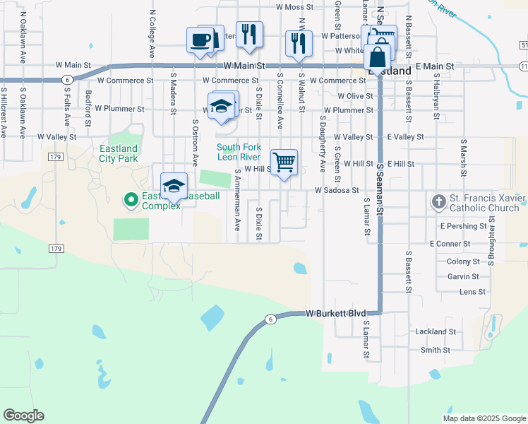 map of restaurants, bars, coffee shops, grocery stores, and more near 707 South Connellee Avenue in Eastland