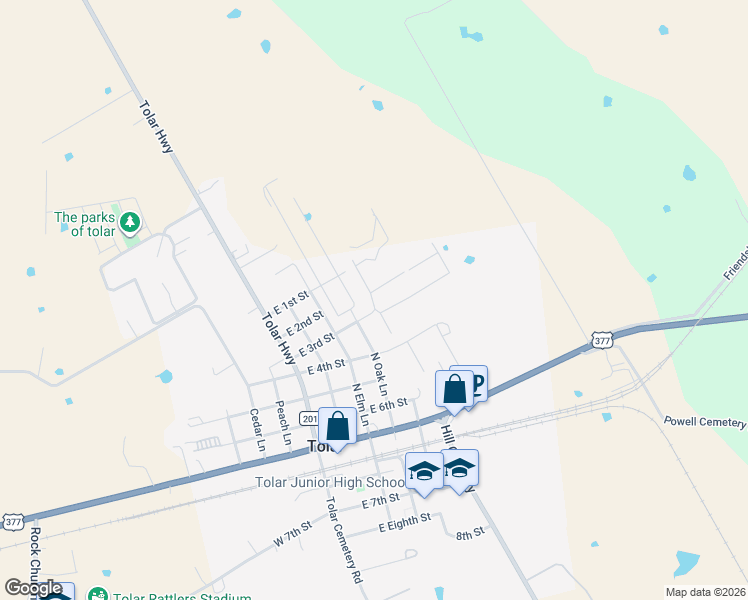 map of restaurants, bars, coffee shops, grocery stores, and more near 411 Mimosa Lane in Tolar