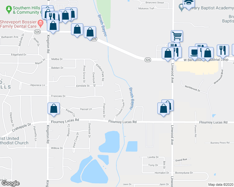 map of restaurants, bars, coffee shops, grocery stores, and more near 705 Quiet Cove Circle in Shreveport