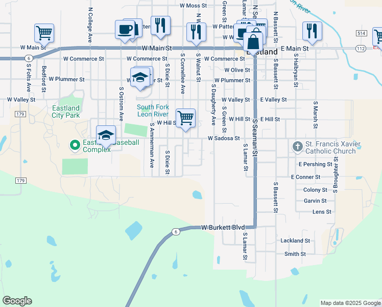 map of restaurants, bars, coffee shops, grocery stores, and more near 600 West Sadosa Street in Eastland