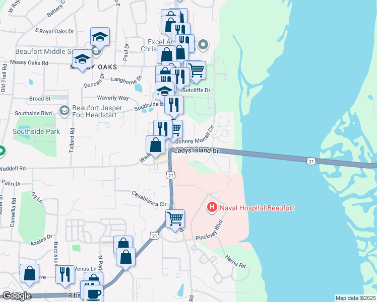 map of restaurants, bars, coffee shops, grocery stores, and more near 1231 Ladys Island Drive in Port Royal