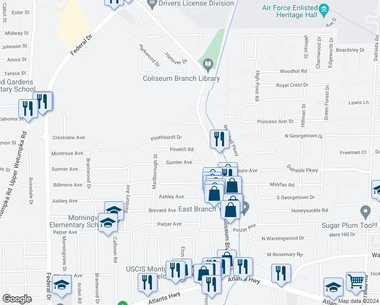 map of restaurants, bars, coffee shops, grocery stores, and more near 3062 Pinehill Road in Montgomery