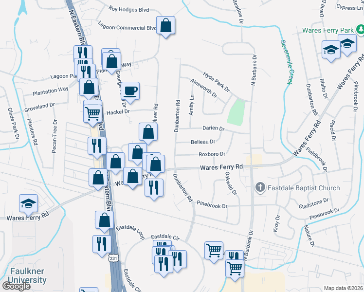 map of restaurants, bars, coffee shops, grocery stores, and more near 690 Dunbarton Road in Montgomery