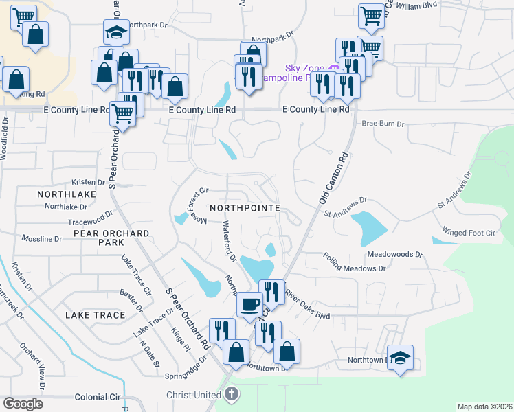 map of restaurants, bars, coffee shops, grocery stores, and more near 201 Northpointe Parkway in Jackson