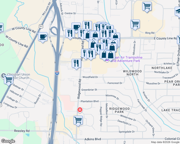 map of restaurants, bars, coffee shops, grocery stores, and more near 801 Jamestown Way in Jackson
